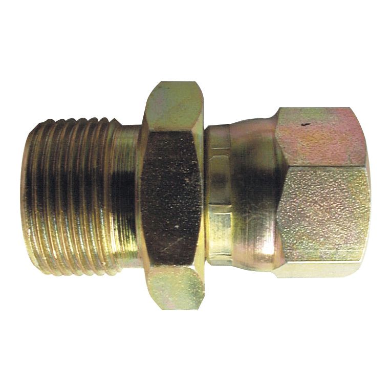 The Sparex Hydraulic Adaptor 1/2'' BSP Male x 9/16'' JIC Swivel Female (Sparex Part No. S.11968) is a metal hydraulic adaptor featuring threaded and hexagonal sections, designed for connecting hoses or pipes in fluid systems.