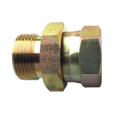 Close-up of a Sparex Hydraulic Adaptor 1/4'' BSP male to 3/8'' BSP female pipe fitting with threaded ends and hexagonal nut connectors, typically used in plumbing or industrial applications. This adaptor ensures secure connections.