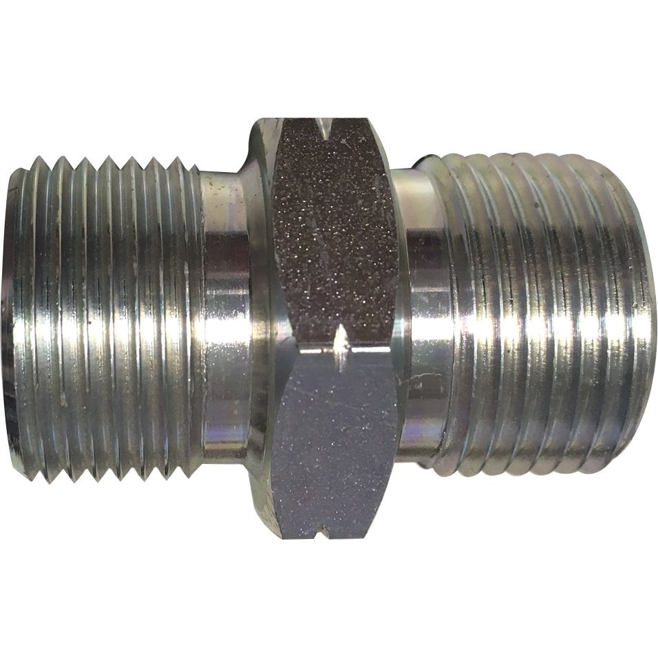 A close-up view of the Sparex Hydraulic Adaptor M27 x 2.00 Metric Male x 3/4'' BSP Male (Sparex Part No.S.28260) featuring two BSP male threaded ends and a hexagonal middle section.
