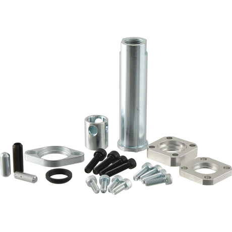 A collection of metal hardware components, including bolts, washers, a cylindrical part, and mounting plates from the Sparex Hydraulic Valve - Connection Kit - Fits Sparex 3/8'' & 1/2'' Monoblock Valve | Sparex Part No. S.13490, arranged on a white background.