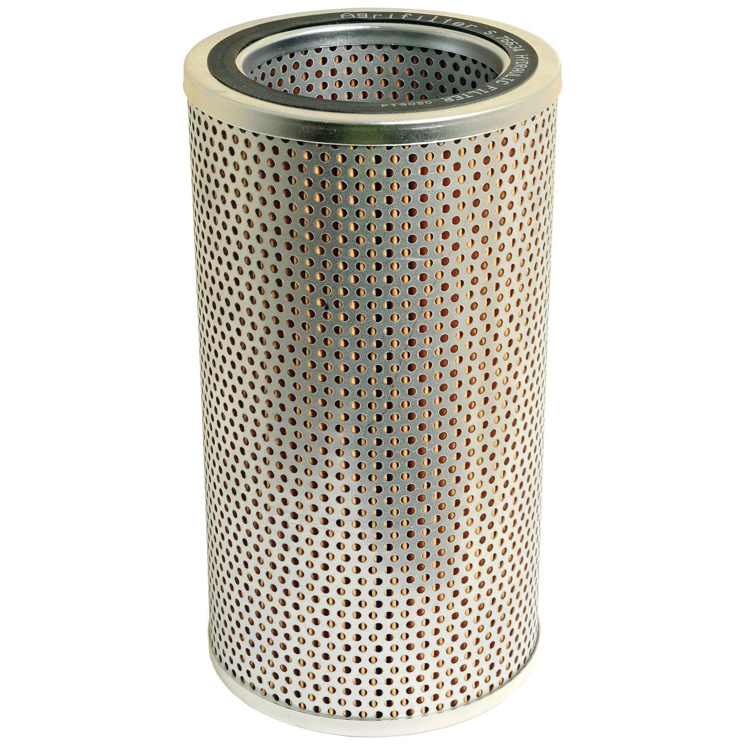 A cylindrical metal filter with a perforated outer layer and a circular opening at the top, ideal for use as a Massey Ferguson hydraulic filter, is available under the name Hydraulic Filter - Element (Sparex Part No. S.76634) by Sparex.