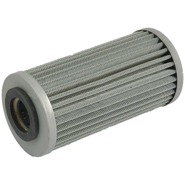 The Sparex Hydraulic Filter - Element (Part No. S.76640) is a cylindrical metal hydraulic filter featuring pleated sides, gray end caps, and a central circular opening on one end, specifically compatible with Landini Massey Ferguson.