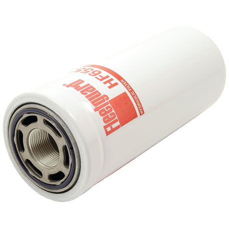 Cylindrical white hydraulic filter with a threaded metal opening and the red Fleetguard HF logo printed on the side, identified as Hydraulic Filter - Spin On - HF6553 (Sparex Part No. S.76698) from the Sparex brand.