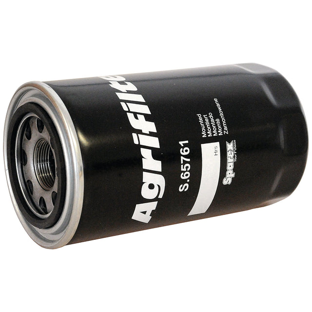 A black Hydraulic Filter - Spin On (Sparex Part No. S.65761) with white text and a silver rim, designed for use in machinery and suitable for Ford/New Holland equipment.