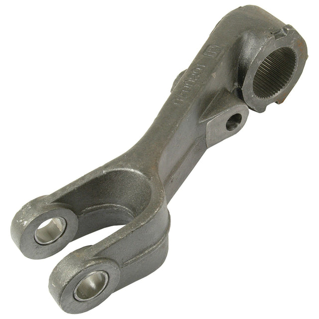 A Hydraulic Lift Arm, Sparex Part No. S.41355, by Sparex, is a black metal mechanical part featuring a forked end and a threaded opening on the opposite side, designed for compatibility with Massey Ferguson tractors.