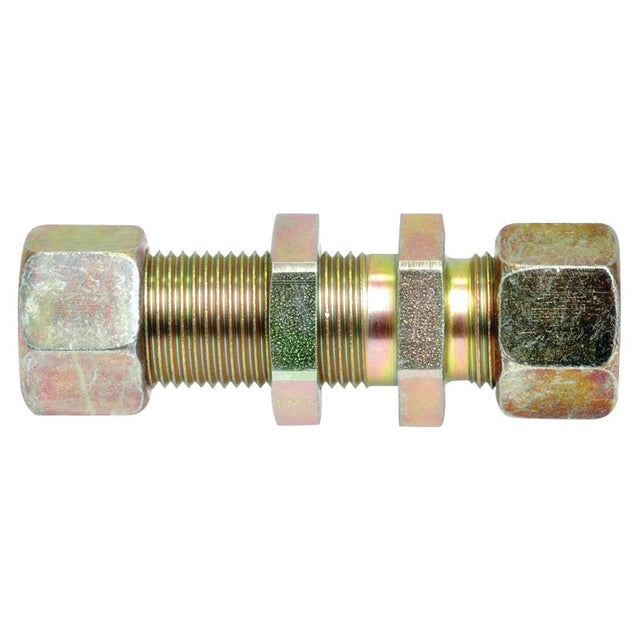 Image of a Hydraulic Metal Pipe Bulkhead Coupling G.S.V. 15L with lock nut, Sparex Part No. S.34204, featuring a metal threaded rod with two hexagonal nuts and washers on both ends.