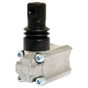An industrial metal part with a black cylindrical top and a silver rectangular base secured with screws, resembling the sturdy design of the Sparex Lever Box (Sparex Part No. S.24451) that fits 3/8'' & 1/2'' Monoblock Valves.