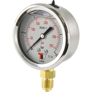 The Hydraulic Pressure Gauge Ø63mm (Sparex Part No. S.153756) from Sparex is a round gauge that displays measurements in both psi and bar, featuring a brass BSP bottom entry fitting. The dial shows readings up to 350 psi and 25 bar.