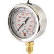 Introducing the Sparex Hydraulic Pressure Gauge Ø63mm (Sparex Part No.S.154020), a robust instrument featuring dual scales in psi (0-6000) and bar (0-600). This gauge is designed with black and red markings for easy readability, housed in a durable metallic casing, and protected by a clear glass cover. It comes mounted on a brass connector with a 1/4 BSP bottom entry.