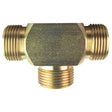 A metallic fitting with a hexagonal center and three threaded male connectors extending outward, arranged in a T-shape, resembling the Sparex Hydraulic Tee Adaptor 3/8''BSP - 3/8''BSP male - 3/8''BSP male (Sparex Part No.S.4697).