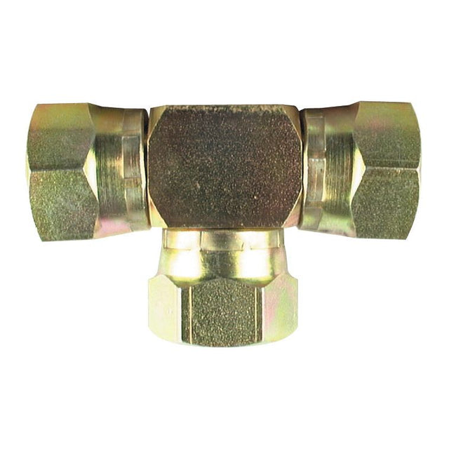 The Sparex Hydraulic Tee Piece 3/8'' BSP Swivel Female x 3/8'' BSP Swivel Female x 3/8'' BSP Swivel Female (Sparex Part No. S.12771) is ideal for joining pipes or tubes at a T-junction, featuring three BSP swivel female threads.