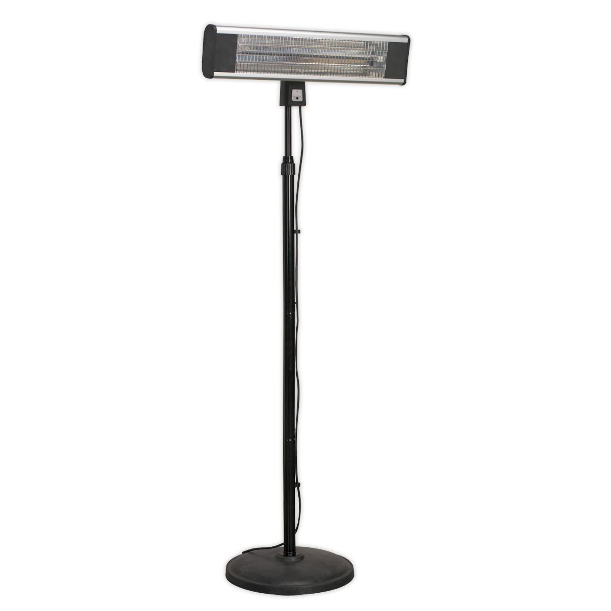 The Sealey High Efficiency Carbon Fibre Infrared Patio Heater 1800W/230V with Telescopic Floor Stand (IFSH1809R) is a black standing electric heater featuring a rectangular heating element on top and a round base, perfect for outdoor use and providing maximum heat output.