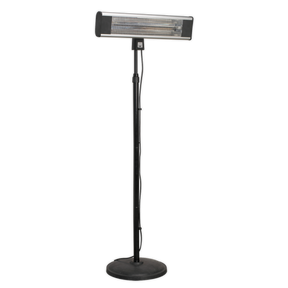The Sealey High Efficiency Carbon Fibre Infrared Patio Heater 1800W/230V with Telescopic Floor Stand (IFSH1809R) is a black standing electric heater featuring a rectangular heating element on top and a round base, perfect for outdoor use and providing maximum heat output.