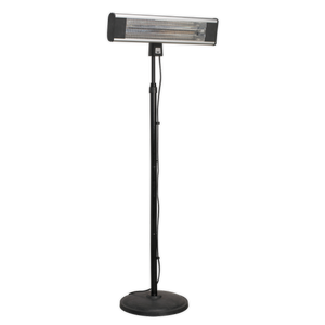 The Sealey High Efficiency Carbon Fibre Infrared Patio Heater 1800W/230V with Telescopic Floor Stand (IFSH1809R) is a black standing electric heater featuring a rectangular heating element on top and a round base, perfect for outdoor use and providing maximum heat output.