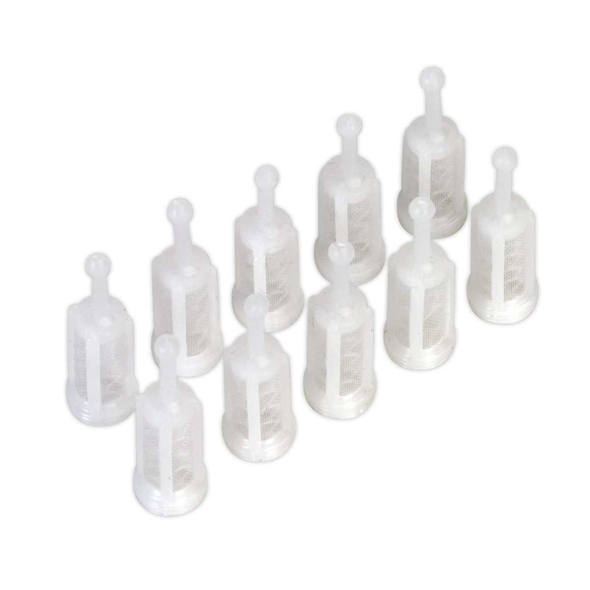 Ten transparent plastic dropper bottles, part of the Sealey Paint Filter Gravity Feed Pack of 10 - ILF/GF10, are arranged in two rows on a pristine white background.