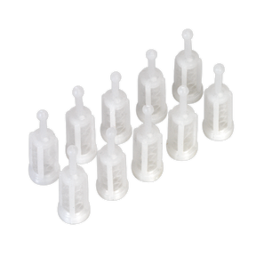 Ten transparent plastic dropper bottles, part of the Sealey Paint Filter Gravity Feed Pack of 10 - ILF/GF10, are arranged in two rows on a pristine white background.