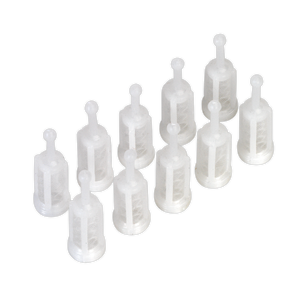 Ten transparent plastic dropper bottles, part of the Sealey Paint Filter Gravity Feed Pack of 10 - ILF/GF10, are arranged in two rows on a pristine white background.