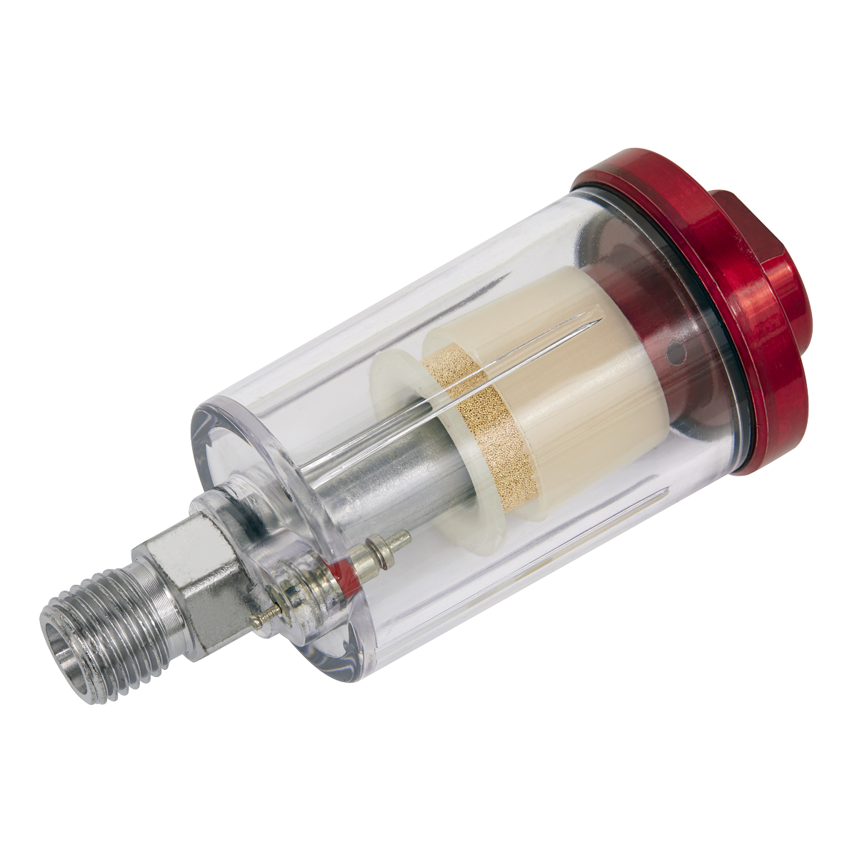 The Sealey In-Line Water Trap/Filter - ILF/SE is a cylindrical air compressor filter made of metal and transparent plastic, featuring a red cap and threaded connector with internal filtering components, perfect for moisture protection in spray gun accessories.