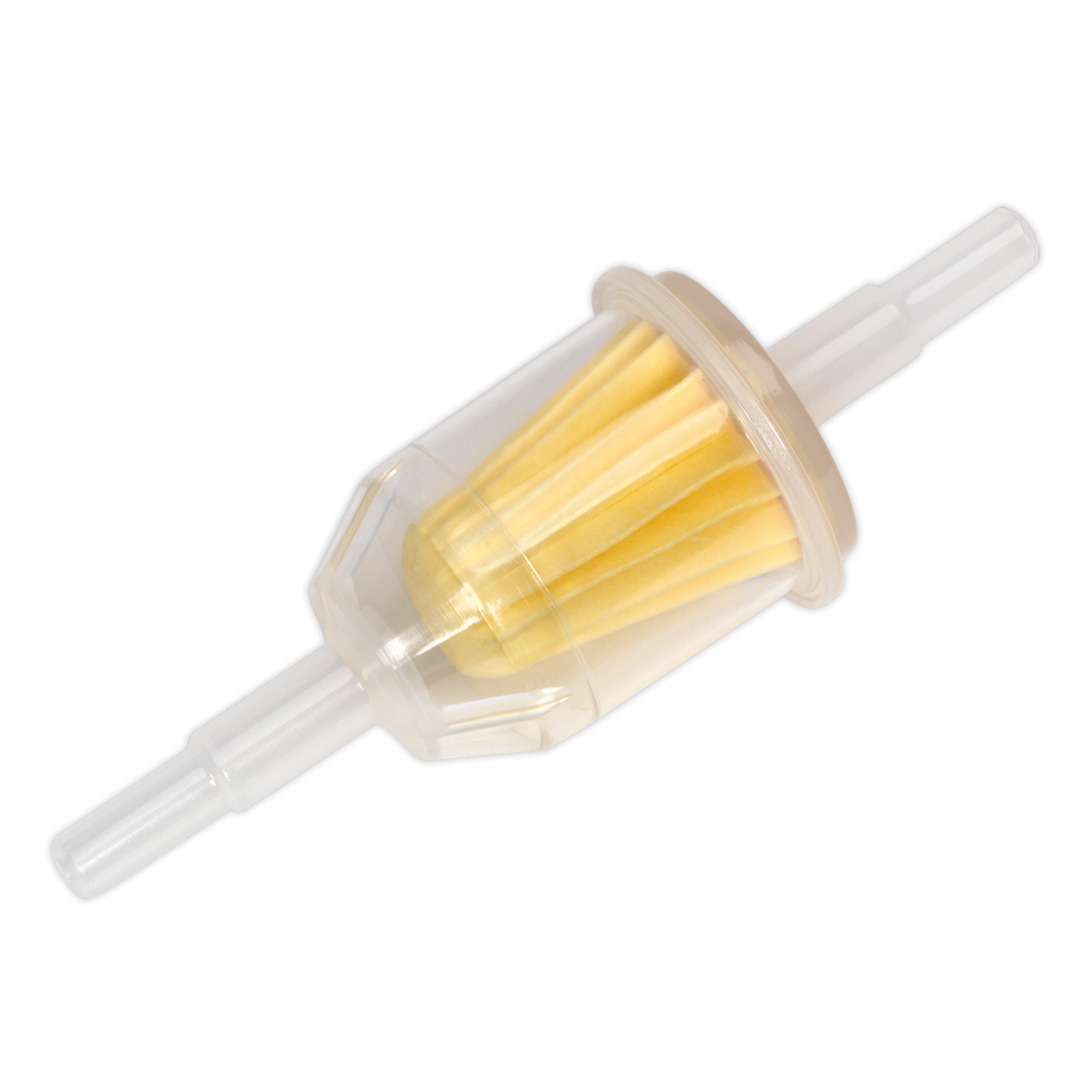 The Sealey In-Line Fuel Filter Medium Pack of 10 - ILFM10 features a transparent body with a yellow pleated paper element, and Ø8mm white plastic connectors on both ends.