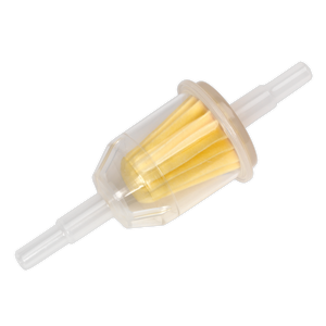 The Sealey In-Line Fuel Filter Medium Pack of 10 - ILFM10 features a transparent body with a yellow pleated paper element, and Ø8mm white plastic connectors on both ends.