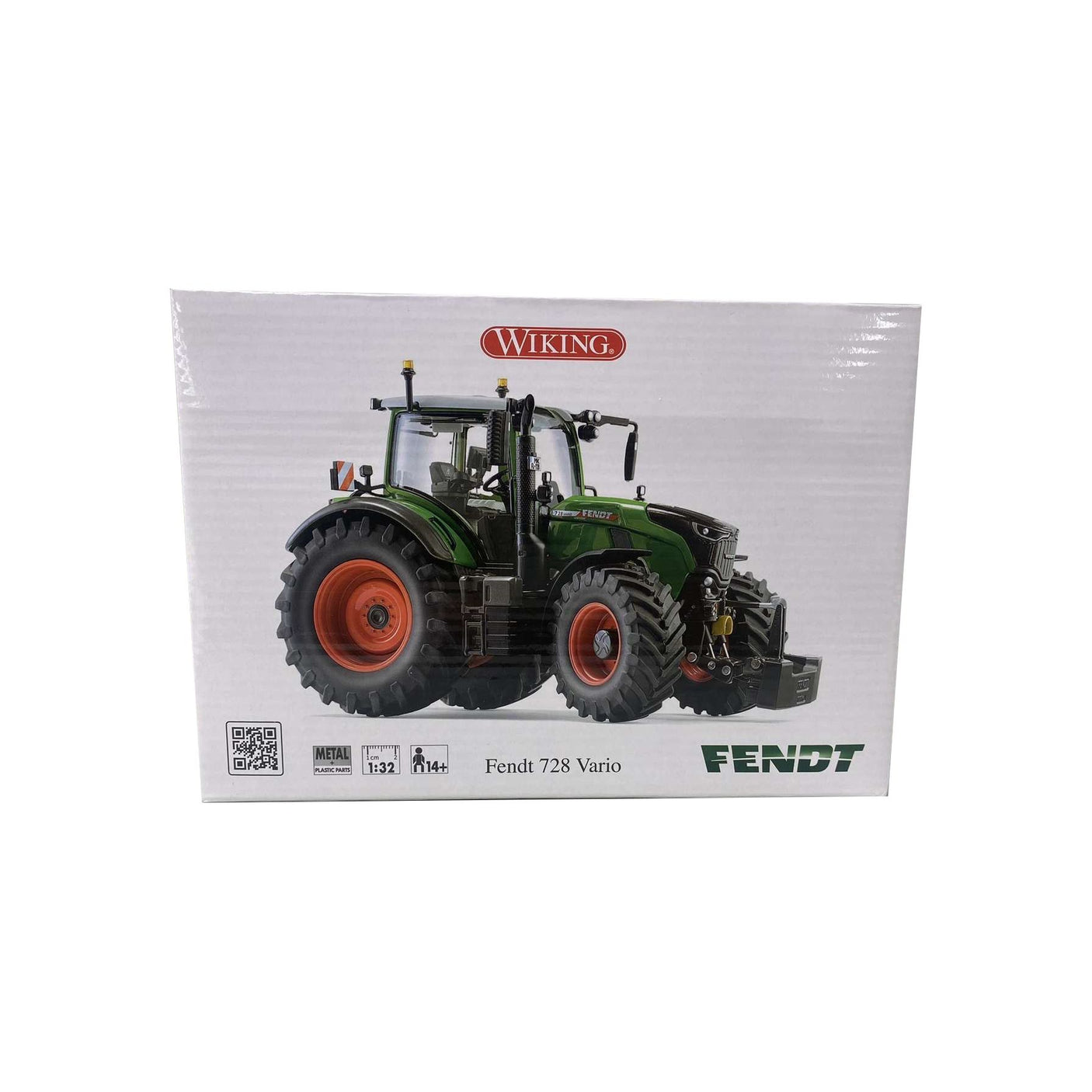 Box packaging of a collectible model tractor labeled "Fendt 728 Vario Scale 1:32 - X991022223000" by AGCO, featuring a detailed image of the green and black tractor with red wheels on the front.