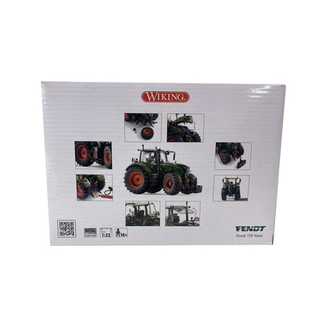 Packaging for the AGCO collectable model of a Fendt 728 Vario (Scale 1:32 - X991022223000) tractor, featuring multiple images of the miniature model and QR codes, under a white background.