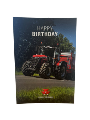 The Massey Ferguson Birthday Card by AGCO is perfect for kids, featuring a Massey Ferguson tractor on a rural road with trees in the background, and "Happy Birthday" elegantly inscribed at the top.