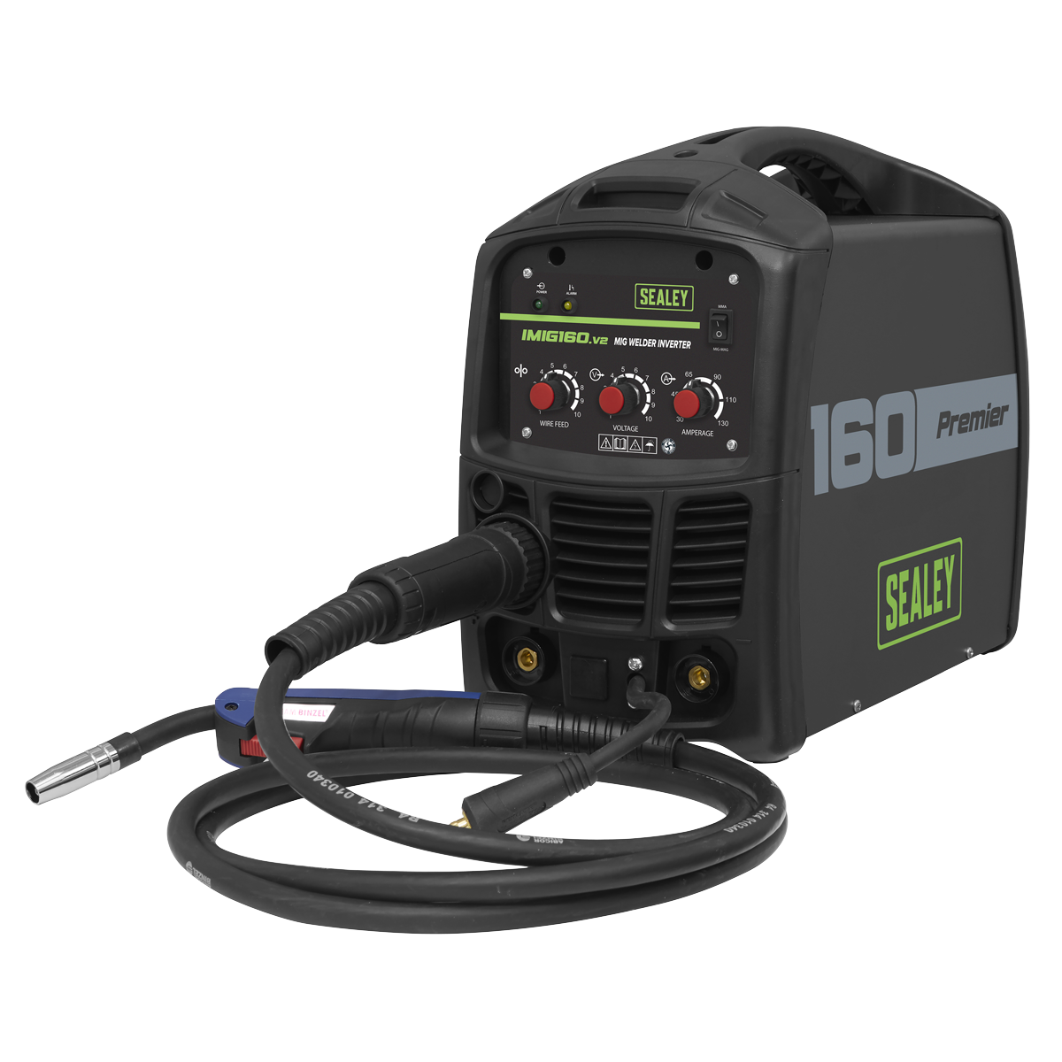 Image of a Sealey MIG/MMA Welder Inverter 160A - IMIG160 with a black casing, various control knobs, a digital display, and attached welding cables. The label reads "160 Premier." This versatile unit also supports MMA/ARC welding for added functionality beyond its primary role as a MIG welder.