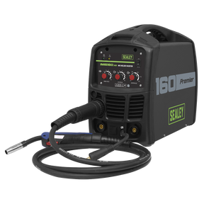 Image of a Sealey MIG/MMA Welder Inverter 160A - IMIG160 with a black casing, various control knobs, a digital display, and attached welding cables. The label reads "160 Premier." This versatile unit also supports MMA/ARC welding for added functionality beyond its primary role as a MIG welder.