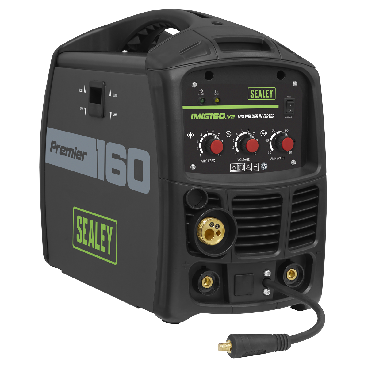 Image of a Sealey branded MIG/MMA Welder Inverter 160A - IMIG160 featuring control knobs and a power connector cable, ideal for MMA/ARC welding. The model number 160 and the brand name are clearly visible.