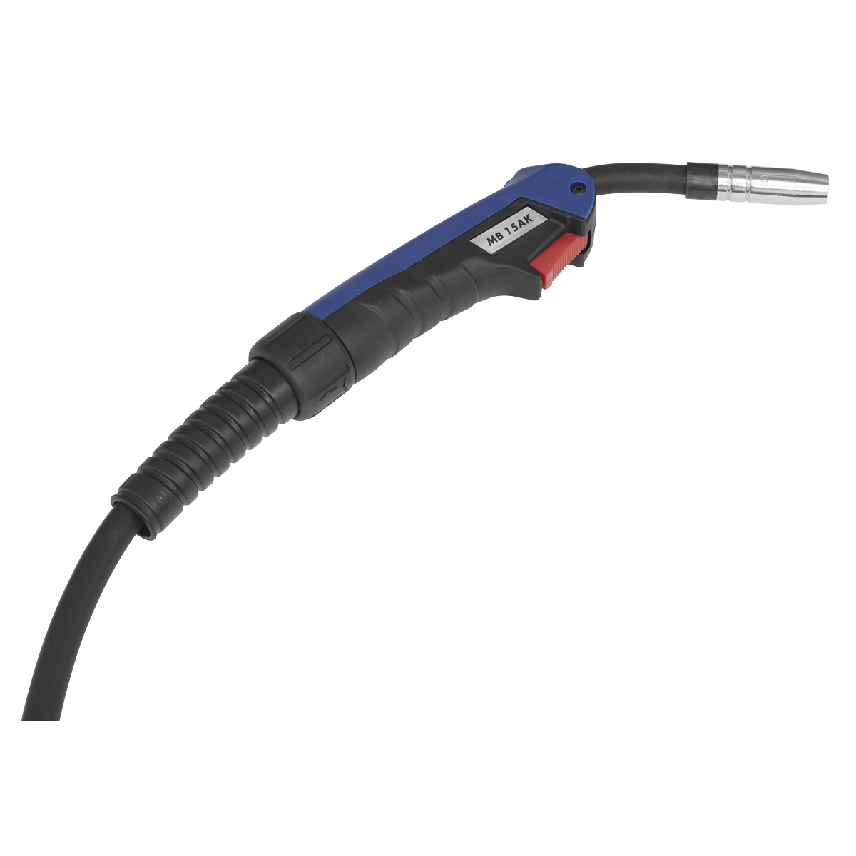 Image of the Sealey MIG/MMA Welder Inverter 180A - IMIG180 handheld welding torch, featuring a black and blue handle, a red trigger, and a metal nozzle at the end. The welding torch, ideal for MIG welds, is attached to a black, ribbed hose.