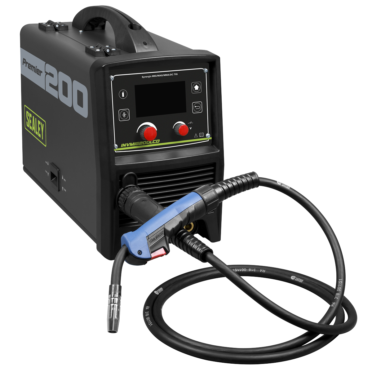 A Sealey Inverter Welder MIG, TIG & MMA 200A with LCD Screen (model INVMIG200LCD) with attached cables and a welding torch. The device, incorporating advanced inverter technology, features a digital display and control buttons on its front panel.