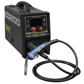 A Sealey Inverter Welder MIG, TIG & MMA 200A with LCD Screen (model INVMIG200LCD) with attached cables and a welding torch. The device, incorporating advanced inverter technology, features a digital display and control buttons on its front panel.
