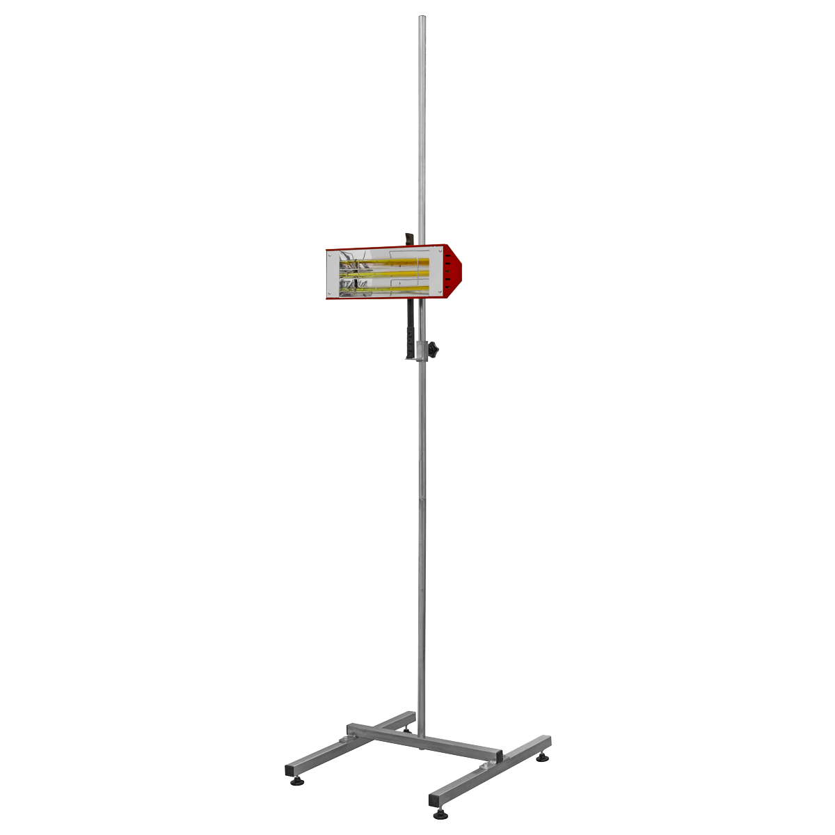 The Sealey Panel Dryer 1000W Infrared - Short Wave - IR1000S features a vertical stand with an attached rectangular measuring unit, supported by an adjustable stand to ensure precision and stability during use.