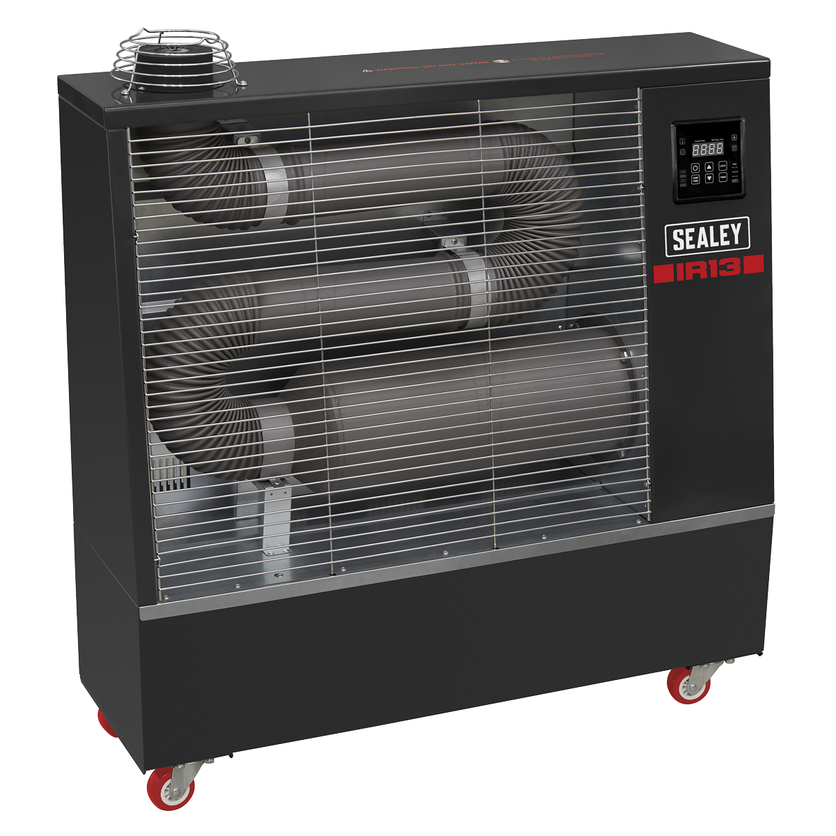 The Sealey Industrial Infrared Diesel Heater 13kW - IR13 features infrared technology with several heating elements, a digital control panel, and advanced safety features. The unit is black with red details, protected by a wire grid, and has wheels for easy mobility.