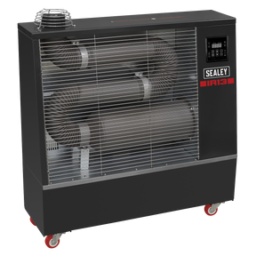The Sealey Industrial Infrared Diesel Heater 13kW - IR13 features infrared technology with several heating elements, a digital control panel, and advanced safety features. The unit is black with red details, protected by a wire grid, and has wheels for easy mobility.