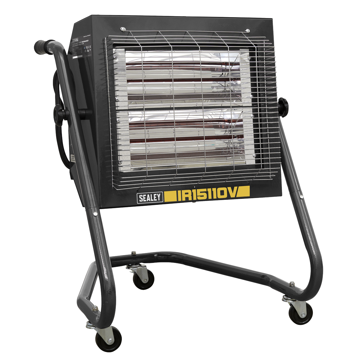 Introducing the Infrared Heater 1.2/2.4kW 110V - IR15110V by Sealey, a portable device on a wheeled stand that features two infrared elements, an adjustable thermostat control, and a protective metal grille.