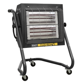 Introducing the Infrared Heater 1.2/2.4kW 110V - IR15110V by Sealey, a portable device on a wheeled stand that features two infrared elements, an adjustable thermostat control, and a protective metal grille.