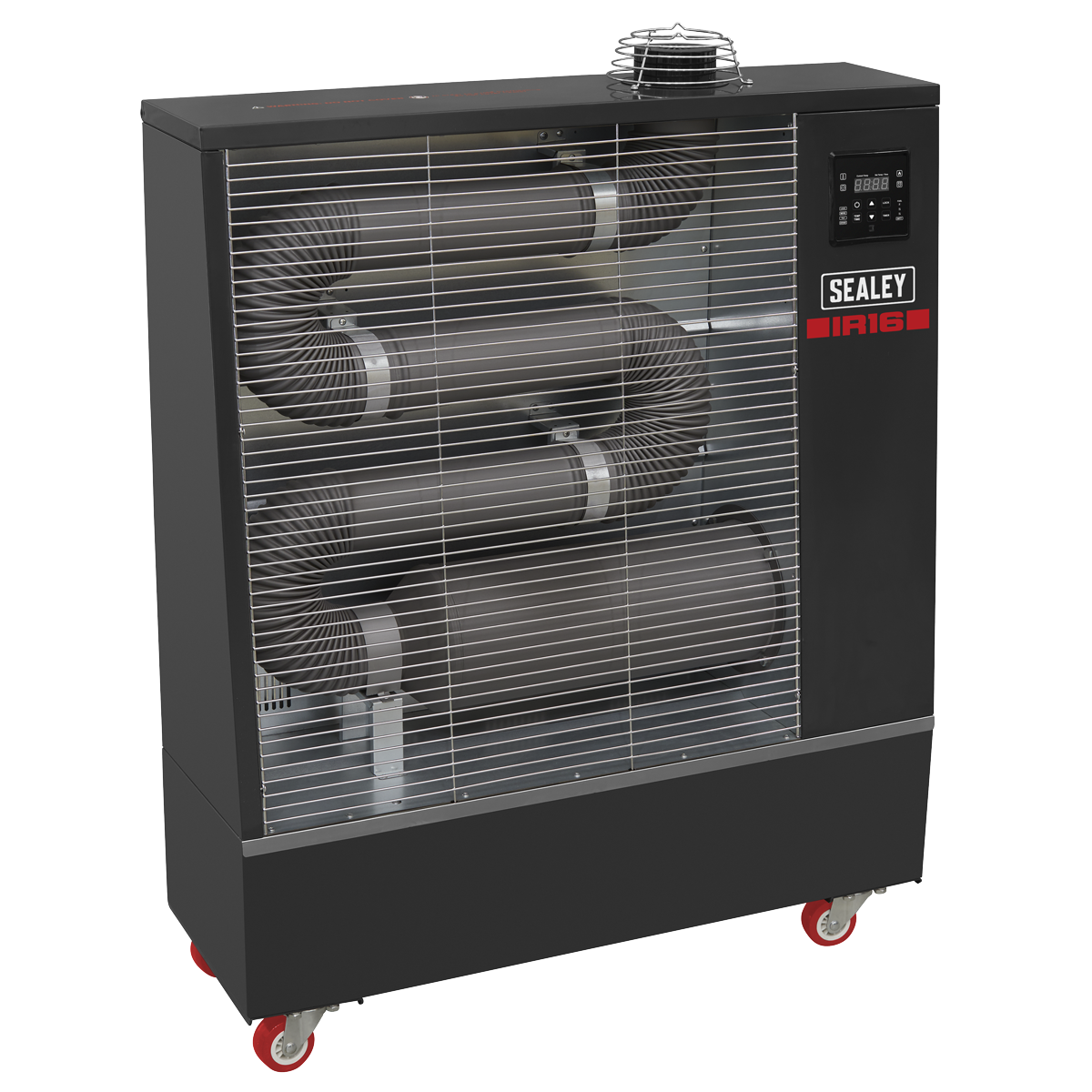 The Sealey Industrial Infrared Diesel Heater 16kW - IR16 features a black exterior and is displayed on red caster wheels. Utilizing clean burn infrared technology, this unit provides efficient heating. It has a vented front that reveals visible internal components, and a control panel on the upper right side labeled "Sealey IR16".