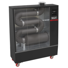 The Sealey Industrial Infrared Diesel Heater 16kW - IR16 features a black exterior and is displayed on red caster wheels. Utilizing clean burn infrared technology, this unit provides efficient heating. It has a vented front that reveals visible internal components, and a control panel on the upper right side labeled "Sealey IR16".