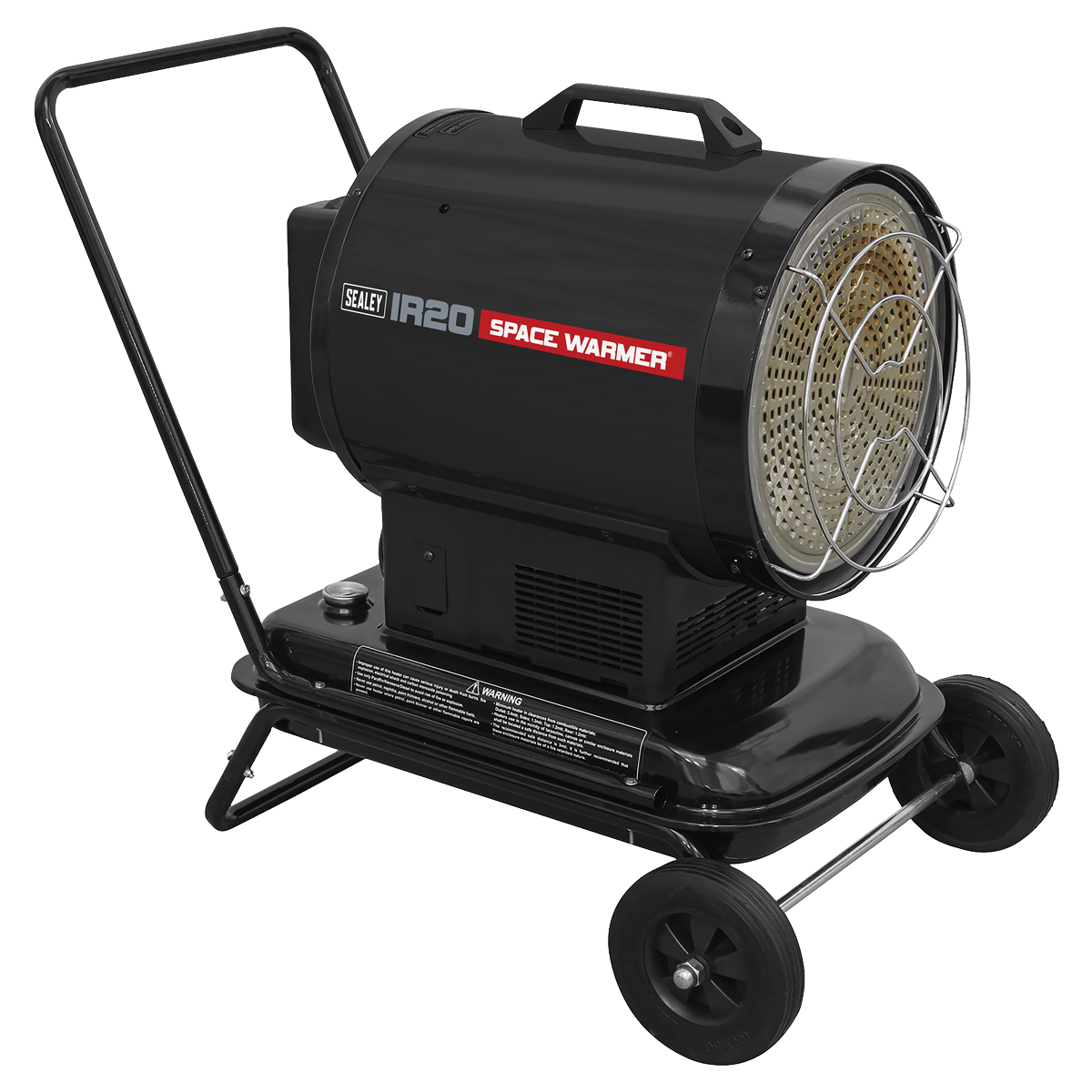 A black industrial space heater from Sealey, Model No. IR20, labeled "IR20 Space Warmer," sits on a wheeled stand with a protective cage around the heating element and features an optional trolley for easy mobility, named "Trolley for IR20 - IR20T.