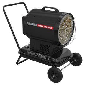 A black industrial space heater from Sealey, Model No. IR20, labeled "IR20 Space Warmer," sits on a wheeled stand with a protective cage around the heating element and features an optional trolley for easy mobility, named "Trolley for IR20 - IR20T.