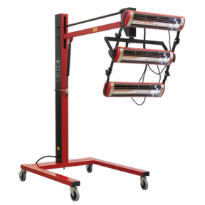 The Sealey Infrared Panel Dryer - Short Wave 3000W/230V - IR3000 is a red and black curing lamp on a wheeled stand. It features three vertically positioned, adjustable heating elements, making it perfect for drying water-based paints. The short wave infrared heat ensures efficient curing, while the adjustable cassettes provide precision.