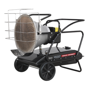 The Sealey Infrared Space Warmer® Paraffin/Kerosene/Diesel Heater with Wheels 125,000Btu/hr - IR37 is a black unit that incorporates a metallic heater element and a protective cage. It features wheels for easy mobility and offers clean-burning, efficient heating, making it both practical and effective.