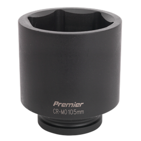 A black, cylindrical impact socket labeled "Sealey Impact Socket 105mm Deep 1″Sq Drive - IS1105D," perfect for use with air impact wrenches, by Sealey.