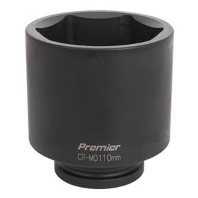 A black, cylindrical Sealey branded impact socket wrench with "CR-MO 110mm" inscribed on it, ideal for professional use.