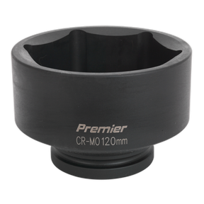 A black cylindrical tool labeled "Impact Socket 120mm 1" Sq Drive - IS1120," featuring internal grooves and a wide circular opening, ideal for use with air impact wrenches. This WallDrive impact socket is part of the reliable Sealey Premier Hand Tools collection.