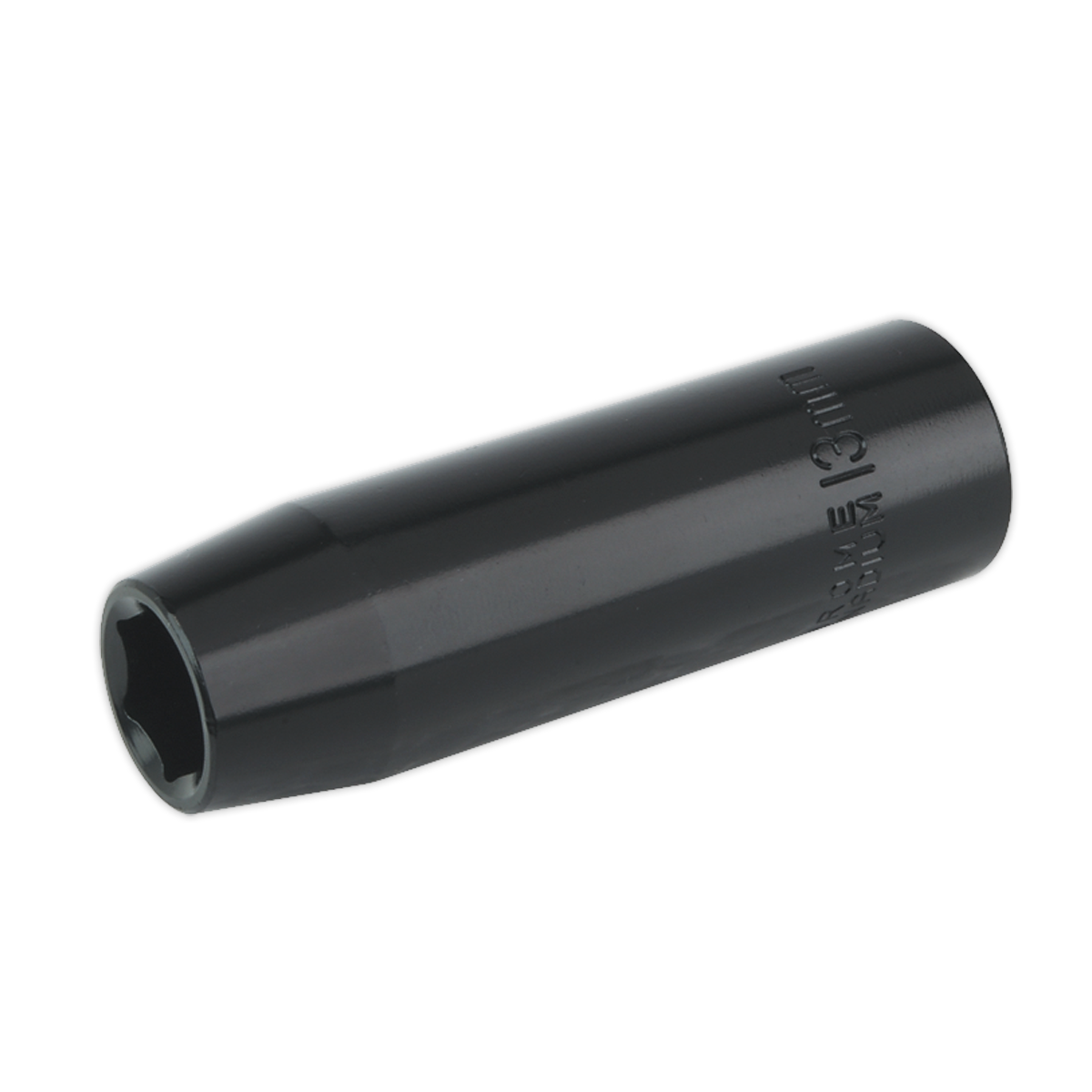 A black, cylindrical socket wrench extension with text printed on its side, shown on a white background. The high-quality Sealey Impact Socket 13mm Deep 1/2"Sq Drive (IS1213D) accessory is compatible with Premier Hand Tools and ideal for air impact wrenches.