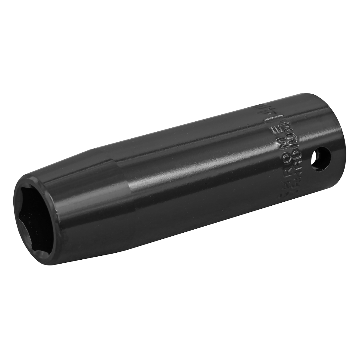 A 14mm deep, cylindrical metal tool with a hollow center and engraved markings, featuring a small hole near one end, crafted from durable Chrome Vanadium by Sealey, named the Impact Socket 14mm Deep 1/2"Sq Drive - IS1214D.