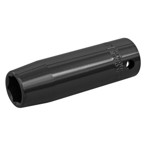 A 14mm deep, cylindrical metal tool with a hollow center and engraved markings, featuring a small hole near one end, crafted from durable Chrome Vanadium by Sealey, named the Impact Socket 14mm Deep 1/2"Sq Drive - IS1214D.
